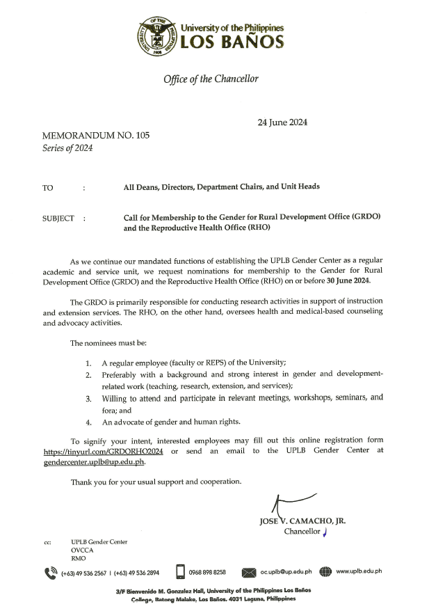 OC Memorandum no. 105 s. 2024 Call for Membership to the Gender for Rural Development Office (GRDO) and the Reproductive Health Office (RHO)